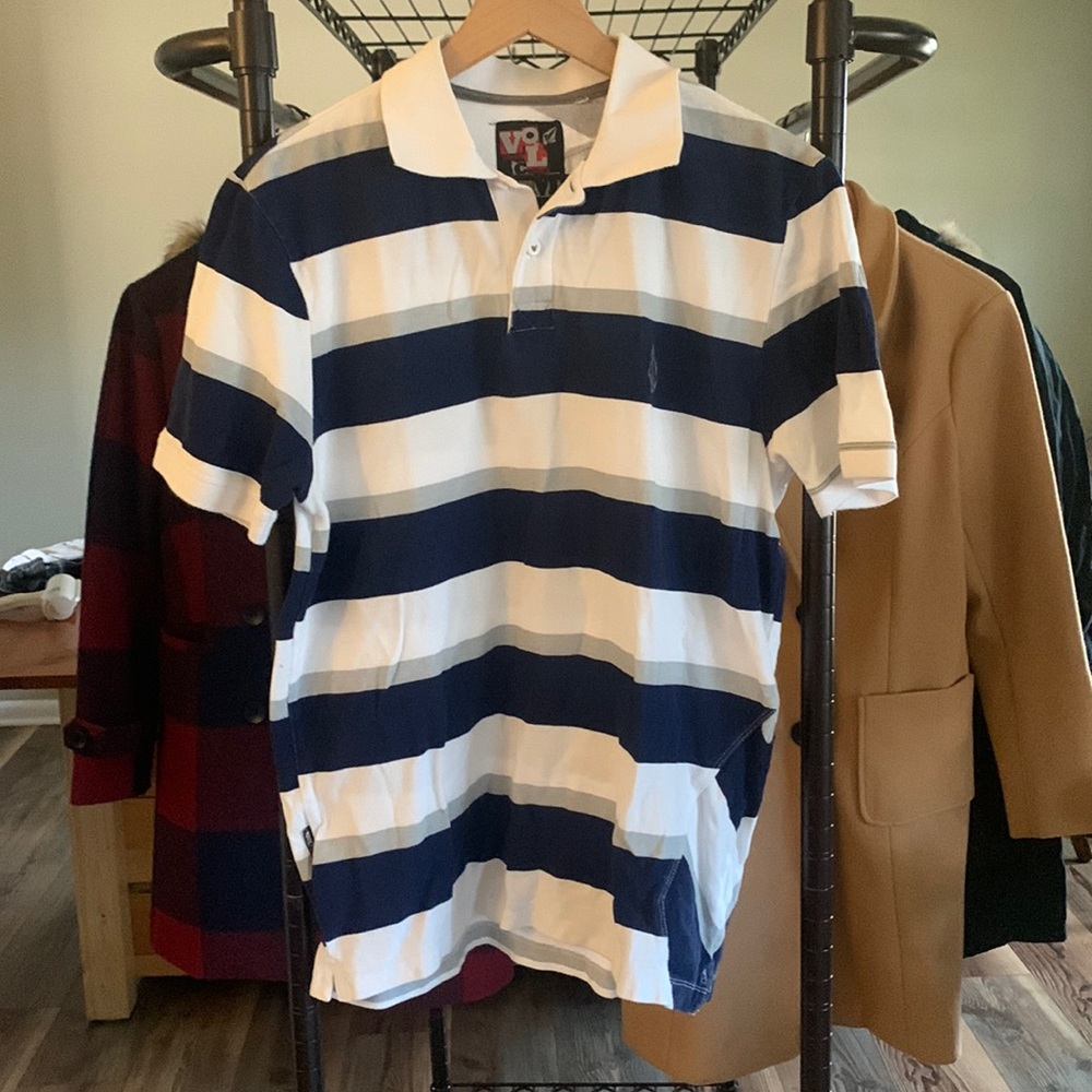 Volcom blue and white striped polo size medium